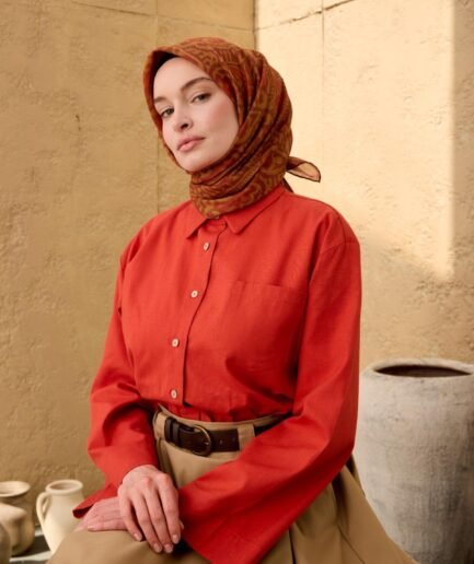 İnce Pamuk Soft Eşarp Olive, Kiremit, Oksit Kahve Desenli Nefes Alan Tok Duruşlu 90x90