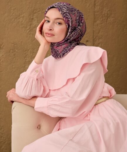 İnce Pamuk Soft Eşarp Funda, Pembe, Taş Desenli Nefes Alan Tok Duruşlu 90x90
