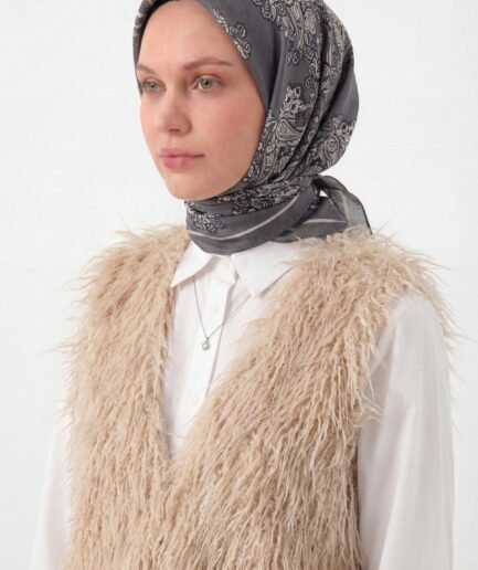 Viskon Velora Eşarp Dört Mevsim Barok Floral Desen Gri Beyaz 90X90