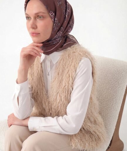 Viskon Velora Eşarp Dört Mevsim Barok Floral Desen Açık Kahve 90X90