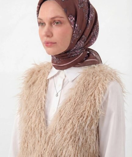 Viskon Velora Eşarp Dört Mevsim Barok Floral Desen Açık Kahve 90X90