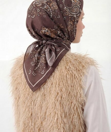 Viskon Velora Eşarp Dört Mevsim Barok Floral Desen Kahve Bordo 90X90