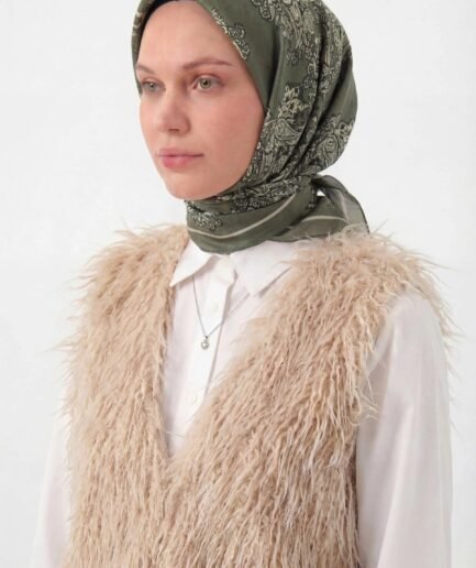 Viskon Velora Eşarp Dört Mevsim Barok Floral Desen Haki 90X90