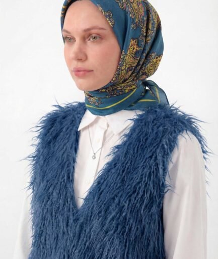 Viskon Velora Eşarp Dört Mevsim Barok Floral Desen Petrol Mavi 90X90