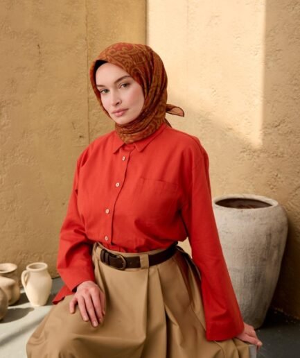 İnce Pamuk Soft Eşarp Olive, Kiremit, Oksit Kahve Desenli Nefes Alan Tok Duruşlu 90x90