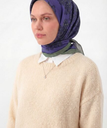 Viskon Velora Eşarp Dört Mevsim Barok Floral Desen Mavi Mor 90X90
