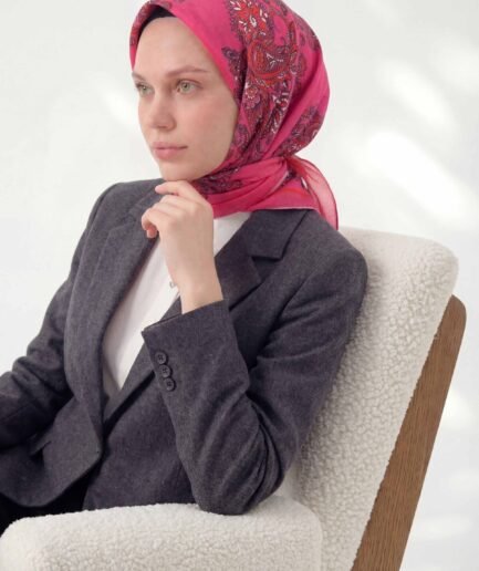Viskon Velora Eşarp Dört Mevsim Barok Floral Desen Fosfor Pembe 90X90