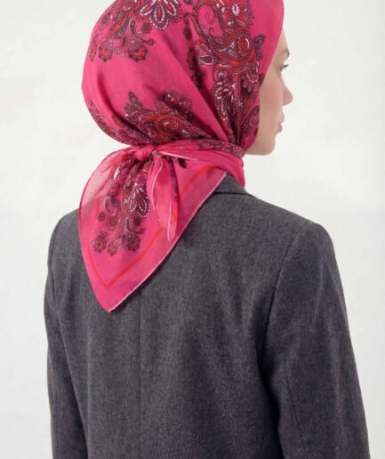 Viskon Velora Eşarp Dört Mevsim Barok Floral Desen Fosfor Pembe 90X90