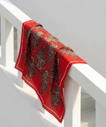 Viskon Velora Eşarp Dört Mevsim Barok Floral Desen Bayrak Kırmızısı 90X90