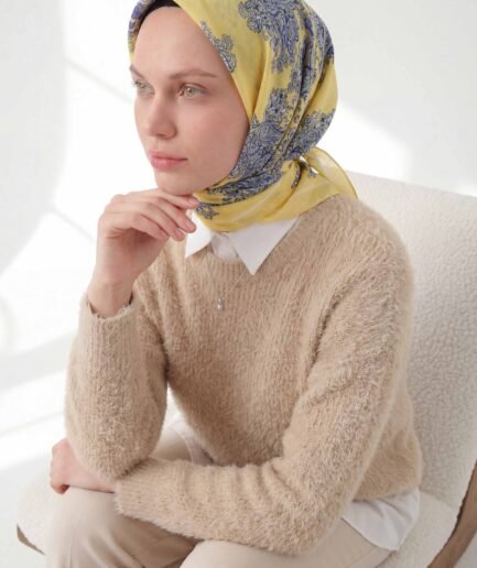 Viskon Velora Eşarp Dört Mevsim Barok Floral Desen Limon 90X90
