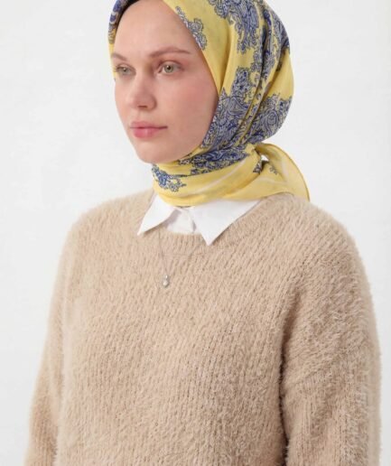 Viskon Velora Eşarp Dört Mevsim Barok Floral Desen Limon 90X90
