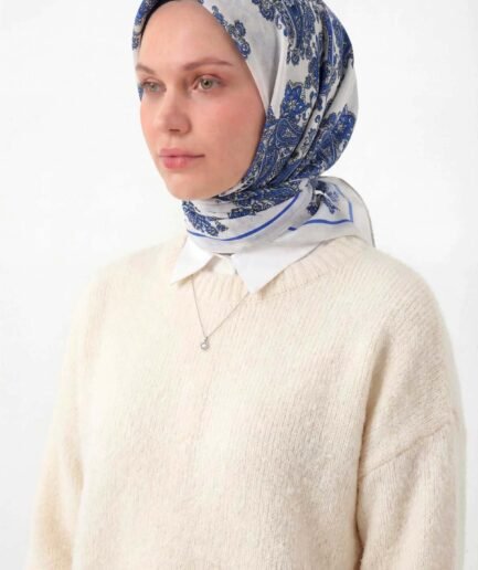Viskon Velora Eşarp Dört Mevsim Barok Floral Desen Açık Gri 90X90
