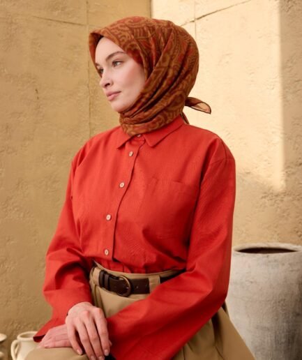İnce Pamuk Soft Eşarp Olive, Kiremit, Oksit Kahve Desenli Nefes Alan Tok Duruşlu 90x90