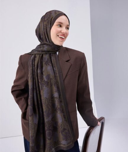 Urban Hours Aqua Whisper Haki-İndigo Botanik Desenli Mayda Şal-81015-16
