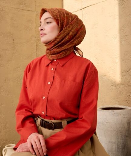 İnce Pamuk Soft Eşarp Olive, Kiremit, Oksit Kahve Desenli Nefes Alan Tok Duruşlu 90x90