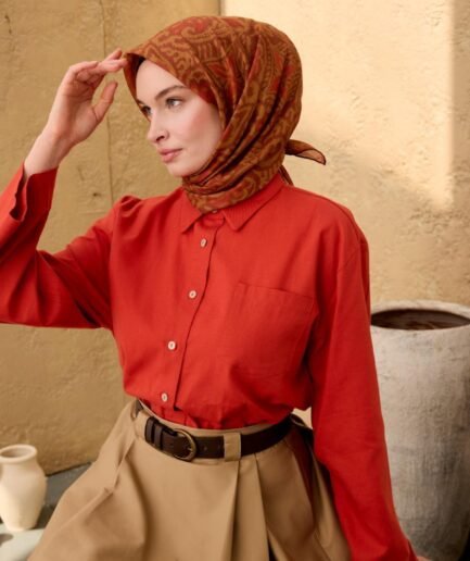 İnce Pamuk Soft Eşarp Olive, Kiremit, Oksit Kahve Desenli Nefes Alan Tok Duruşlu 90x90