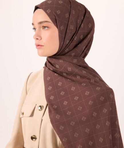 Pamuk Polyester Liva Şal Kahverengi Vizon Desenli Tok Duruşlu 90x200