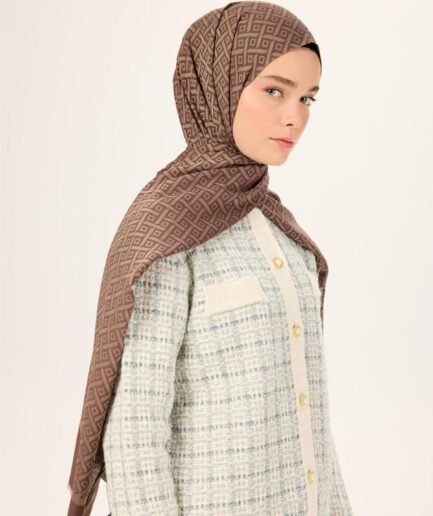 Pamuk Polyester Liva Şal Kahverengi-Vizon Desenli Dokulu Nefes Alan 90x200