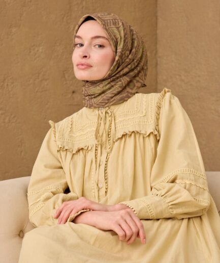 İnce Pamuk Soft Eşarp Yeşil Kahve Yeşil ve Olive Desenli Nefes Alan Tok Duruşlu 90x90