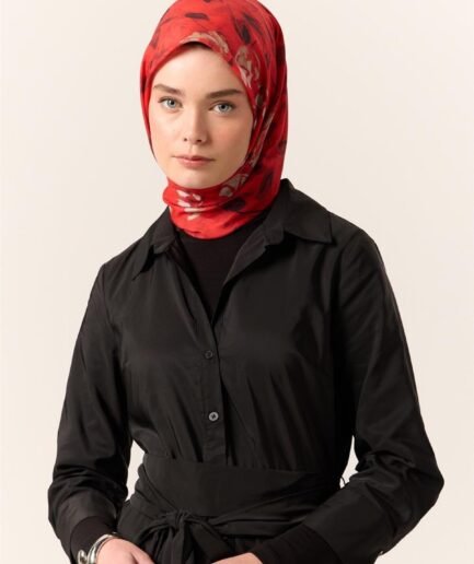 İnce Pamuk Soft Eşarp Kırmızı-Siyah Desenli Kaymaz Dokulu Tok Duruşlu 90x90
